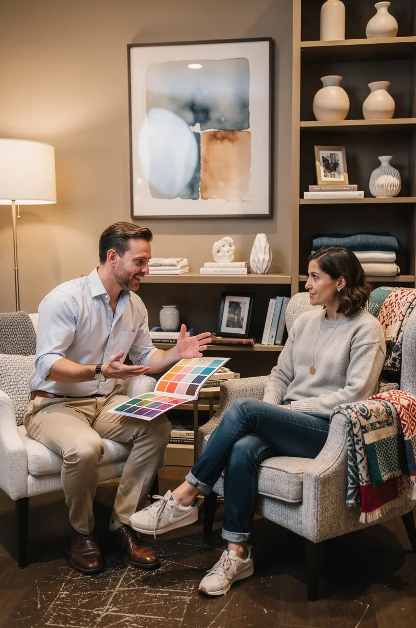 Cozy home consulting studio showcasing patterns and textures