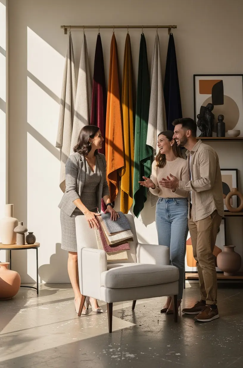 Cozy home studio showcasing textiles for comfort.